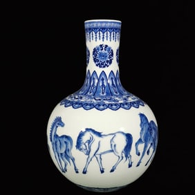 A Rare Blue and White Horses Pattern Vase