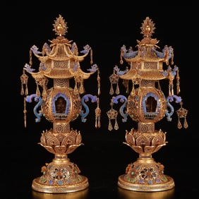 A Pair of Rare Cloisonne Gilt Pagoda Ornaments,Inlaid Gems