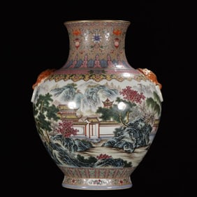 A Huge Famille-Rose Painted Gold Landscape Figure?? Pattern Lion-Ears Vase