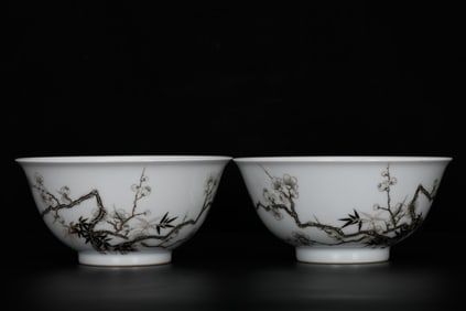 A Pair of Exquisite Ink Color Plum Blossom Pattern Bowls