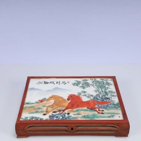 A Rare Huanghuali wood Inlaid Porcelain Plaques Horse Pattern End Table