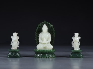 A Set of Exquisite White Jade Inlaid Jasper Buddha Statue Ornament