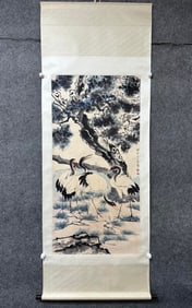 A Chinese Vertical Scroll Ink Painting of Pine and Crane on Paper,Xu Beihong