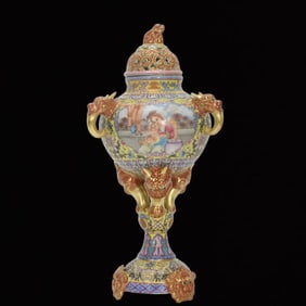 A Rare Enamel Painted Gold Yellow Ground Figure Pattern Beast-Ears Tripod Censer