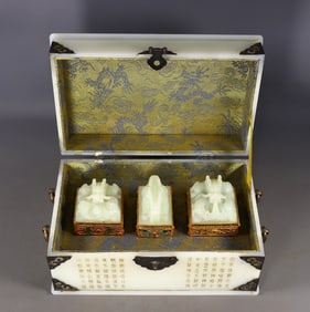 A Set of Fine White Jade Cover with Gold Dragon Pattern Seals,with White Jade Poem Box,with an