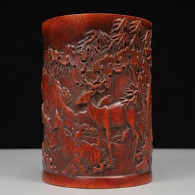 An Exquisite Bamboo Landscape and Deer Pattern Brush Pot