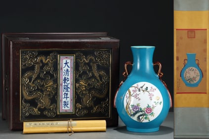 A Huge Famille-Rose Painted Gold Flower and Bird Pattern Double-Ears Vase,With Vertical Scroll