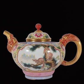 A Exquisite Enamel Yellow Ground Lotus Pine Mouse Pattern Ewer