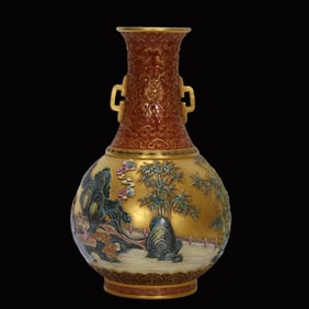 An Exquisite Enamel Gold Ground Character and Story Pattern Double-Ears Vase