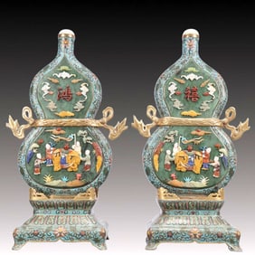 A Pair of Rare Cloisonne Inlaid Gems Figure Pattern Gourd-Shaped Table Screens,with poem
