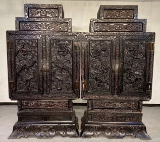 A Pair of Exquisite Zitanwood Dragon and Phoenix Pattern Cabinets