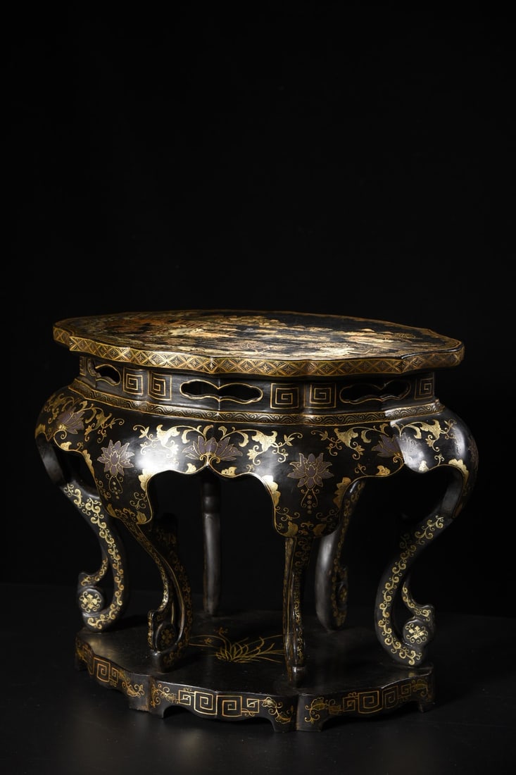 A Rare Carved Lacquer Gilt Landscape Pattern Table: A Rare Carved Lacquer Gilt Landscape Pattern Table,Qing Dynasty, China, Qianlong Six-character Mark,Size:16.5inx18.9inx13.4in,Weight:4275g 漆器描金山水纹ċ