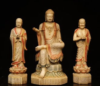 A Solemn Marble Painted Color Statue of Avalokitesvara,With Scriptures