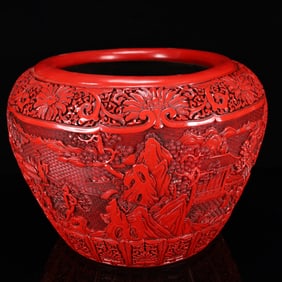 A Huge Carved Red Lacquer Landscape and Figure Pattern Jar
