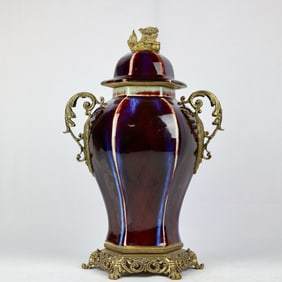 An Exquisite Flambe Glazed Inlaid Bronze Flower Auspicious Beast With cover Jar