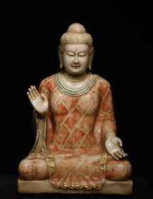 A Solemn Marble Painted Color Statue of Sakyamuni