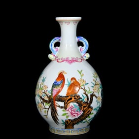 An Exquisite Famille Rose Flower and Bird Pattern Double Ears Vase,With Poem