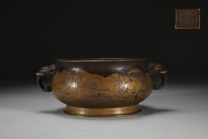 An Exquisite Bronze Character and Story Pattern Censer,With Poem