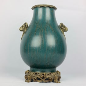 An Exquisite Flambe Glazed Inlaid Bronze Beast Ears Vase