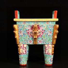 An Exquisite Enamel Painted Gold Flower and Beast Pattern Double-Ears and Four-Legs Censer