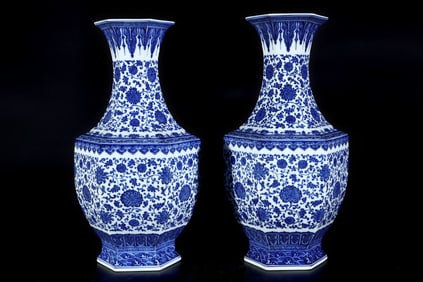 A Pair of Huge Blue and White Lotus Pattern Vases