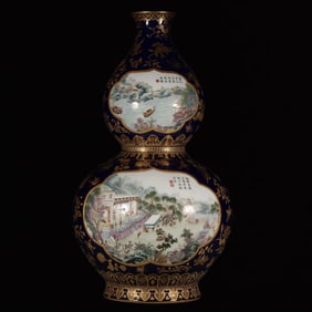 A Huge Ji Blue Glazed Painted Gold Flower Famille-Rose Landscape Figure Gourd-Shaped Vase,With poem