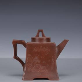 An Exquisite Purple Sands Landscape Pattern Teapot, With poem
