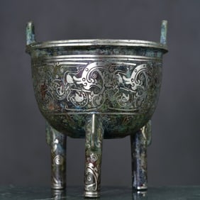 An Rare Bronze Inlaid Silver Dragon Pattern Double-Ears and Tripod Censer,With Inscription