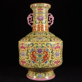 A Huge Yellow Ground Blue and White Lotus and Bats Pattern Double-Ears Vase