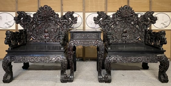 A Set of Fine Zitanwood Dragon Pattern Armchais and End Table