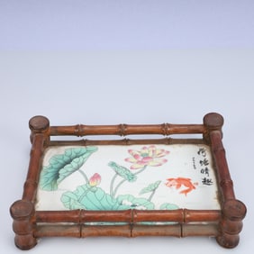 An Exquisite Huali wood Inlaid Porcelain Plaques Lotus Fish Pattern End Table