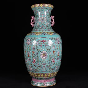 A Rare Green Ground Famille-Rose Lotus and Bats Pattern Double-Ears Vase