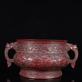 A Huge Carved Red Lacquer Landscape and Figure Pattern Dragon-Ears Censer