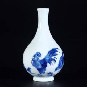 An Exquisite Blue and White Rooster Pattern Vase