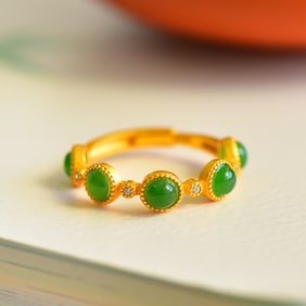An Exquisite Sterling Silver-Gold Plated Inlaid Jasper Ring,Inlaid Diamond