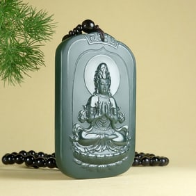 An Exquisite Greenish Jade Statue of Avalokitesvara Pendant