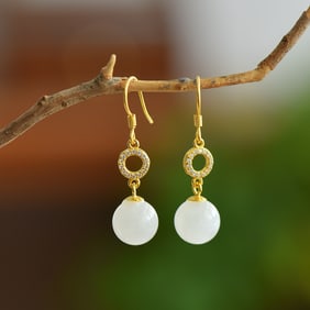 A Pair of Exquisite Sterling Silver-Gold Plated Inlaid White Jade Earrings