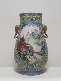 A Rare Enamel Yellow Ground Landscape Pattern Zun?