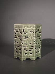 A Rare Celadon Glazed Hollow-Out Hexagonal Brush Pot