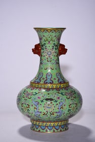 A Rare Famille-Rose  Dragon Pattern Green Ground Double-Ears Vase