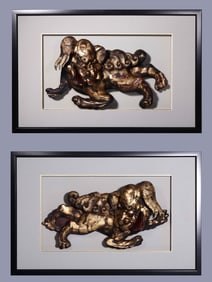 A Pair of Rare Wood Carved Lacquer Gilt Auspicious Beast