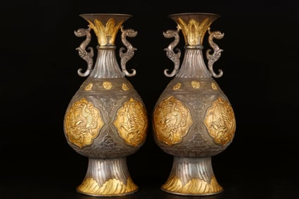 A Pair of Rare Copper Gilt Double-Ear Vases