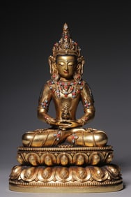 A Rare Bronze Gilt Gold Inlaid Gem Amitayus Buddha Seated Statue