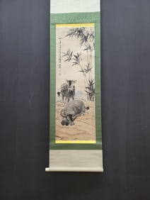 A Chinese Vertical Scroll Ink Painting of Two Buffalo on Silk