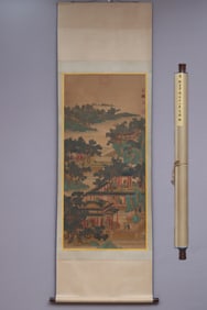 A Chinese Vertical Scroll Ink Painting of Pavilions on Silk?
