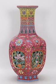 A Rare Enamel Ruby Red Carved Flower and Fruit Pattern Hexagonal Vase