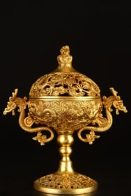 A Rare Copper Gilt Double-Ear Dragon Incense Burner