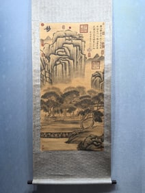 A Chinese Vertical Scroll Ink Painting of Landscape and Figure on Fine Paper