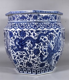 A Rare Blue and White Lotus Dragon Phoenix Pattern Vat