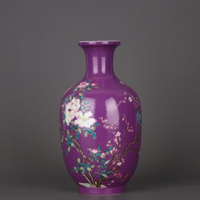 A Rare Purple Ground Famille-Rose Flower and Bird Pattern Vase